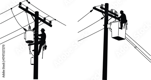 Electrical linemen working on utility poles vector illustration, power line maintenance, electricity repair service, high voltage engineering safety, energy distribution infrastructure