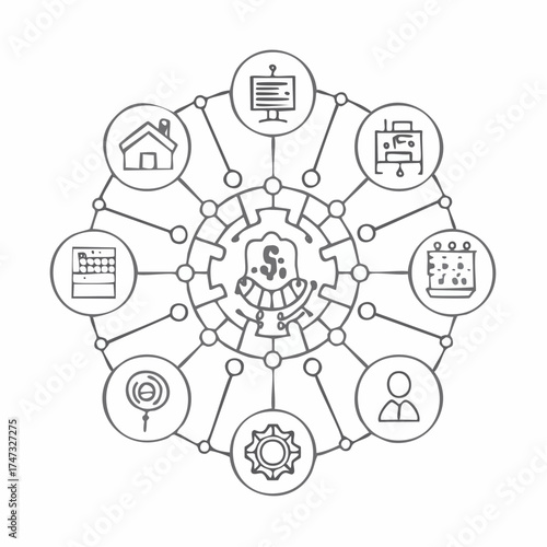 Line style icons of business innovation: business network icon, stakeholder map badge, connection flow chart, partner ecosystem layout, collaboration circle panel, digital contact list,