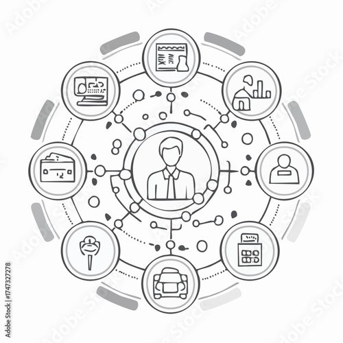 Line style icons of business innovation: business network icon, stakeholder map badge, connection flow chart, partner ecosystem layout, collaboration circle panel, digital contact list,