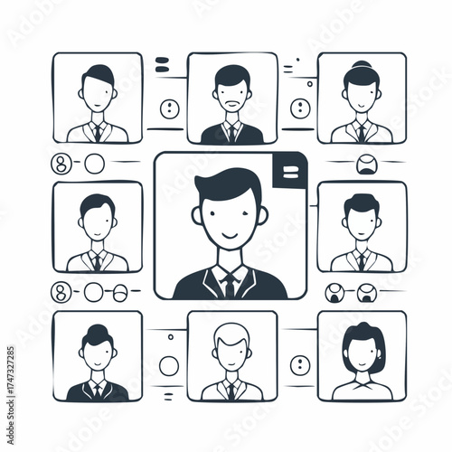 Line style icons of users and project roles: project user icon, role tag, team member tile, permission level icon, active user badge, profile settings card, assigned role badge, account info tile,