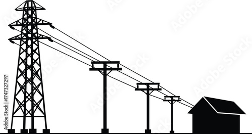 Electricity transmission from high voltage power tower to residential house, electric energy distribution concept, utility infrastructure vector illustration, energy network design