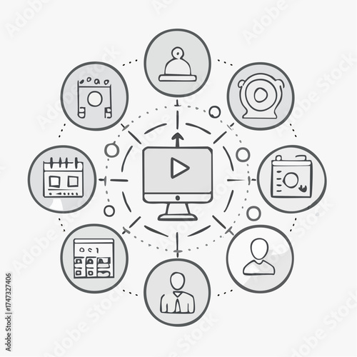Line style icons of team meetings and video collaboration: video call icon, team sync badge, scheduled Zoom icon, camera + calendar tile, daily standup screen, speaker tile, shared screen tag,