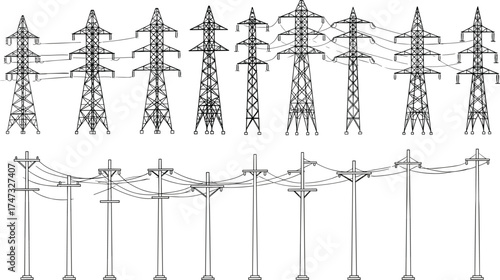 Electricity transmission towers and utility poles, high voltage power lines, electric grid infrastructure, 