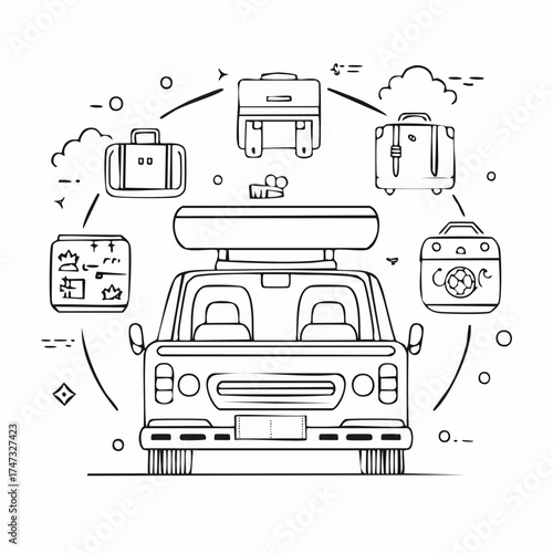 Line style icons of travel luggage: suitcase in trunk, roof box, backpack icon, road bag, map and snacks pack, travel essentials, car cooler, packing list.