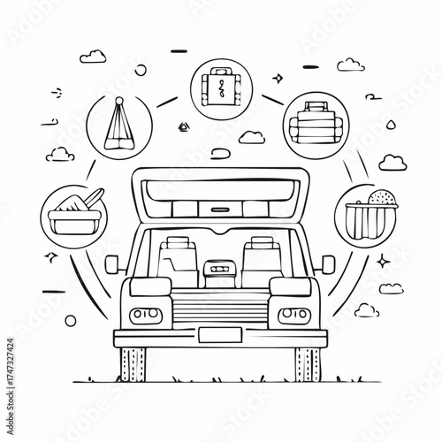 Line style icons of travel luggage: suitcase in trunk, roof box, backpack icon, road bag, map and snacks pack, travel essentials, car cooler, packing list.