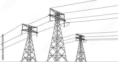 Electricity transmission towers, high voltage power lines, industrial energy infrastructure, electric