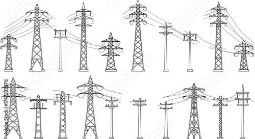 Electricity transmission towers and utility poles set, power line structures collection, high voltage energy network, industrial infrastructure, electric grid system vector illustration design