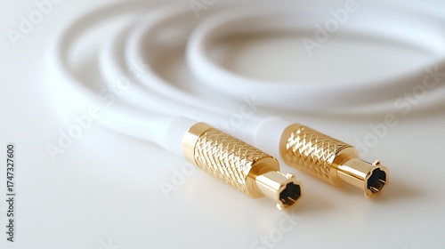 White coaxial cable with gold connectors for tv antenna internet connection close up macro shot hdmi cable