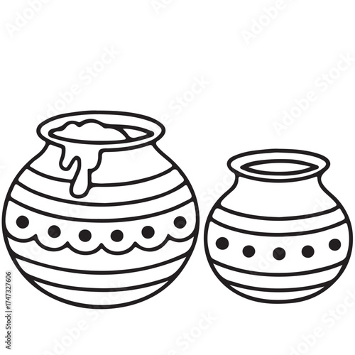 Decorative clay pots with intricate patterns, one overflowing with liquid, symbolizing abundance and celebration during a festive occasion, ideal for cultural and artistic themes