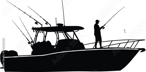 Fishing boat silhouette with fisherman, sea fishing vector illustration, marine sport concept, ocean adventure artwork, angler on boat graphic, nautical lifestyle design
