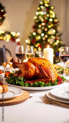 Festive Holiday Dinner Table with Roasted Turkey and Decorations, illuminated with Christmas Tree lights