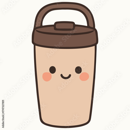 Cute cartoon illustration of a smiling coffee cup with a brown lid and handle, featuring rosy cheeks, perfect for conveying warmth and joy in beverage-related designs