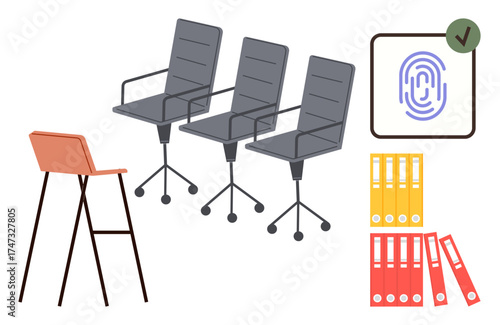 Office chairs and a high stool represent a workspace setup, folders suggest organization, and a fingerprint icon emphasizes security. Ideal for office, workspace, organization, security, management