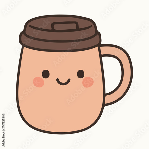 Cute cartoon illustration of a smiling coffee mug with a brown lid and rosy cheeks, designed to evoke warmth and happiness, perfect for beverage-related themes