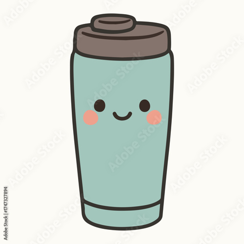 Cute cartoon illustration of a smiling reusable coffee cup with a brown lid, showcasing eco-friendly design and cheerful character, perfect for sustainable lifestyle themes
