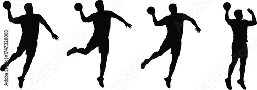  handball player silhouettes action, athlete throwing ball, sports man jump pose, black silhouette isolated, active sports concept, vector illustration design