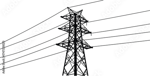 High voltage electric transmission tower with power lines, electricity distribution infrastructure,
