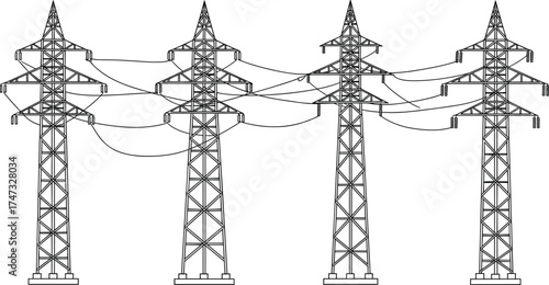 High voltage electricity power line illustration, transmission tower vector design, industrial energy infrastructure artwork, electric grid structure, utility engineering concept drawing