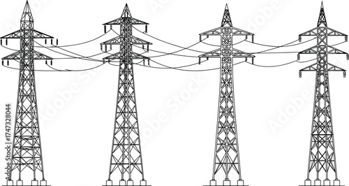 High voltage electricity transmission towers with power lines, energy distribution infrastructure, industrial grid connection system vector illustration, black and white engineering design