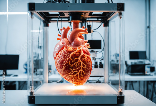 a glowing human heart model...