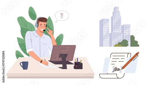 Customer support agent using headset at desk, skyscrapers in the background, and a document being signed. Ideal for communication, remote work, business, support, contracts management training. A