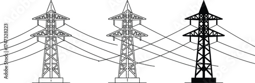 High voltage transmission towers vector illustration, electric power line structure silhouette, energy infrastructure design, industrial electricity grid system concept, engineering artwork drawing