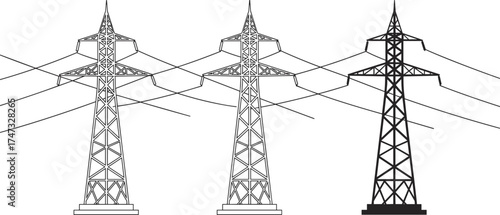 High voltage transmission towers with electric power lines, industrial energy infrastructure, electricity distribution system, black and white engineering vector illustration for power grid design