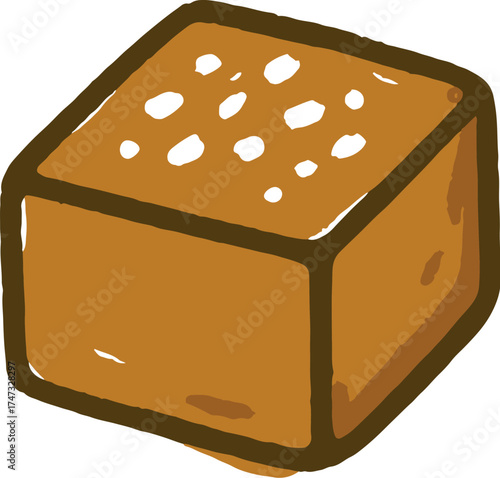 Caramel cube illustration in childlike doodle style with golden pastel shade and sprinkled salt perfect for dessert and confectionery packaging design