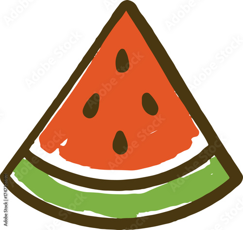 Watermelon illustration in cute childlike doodle style with bright red pastel slice and green rind great for fruit juice and summer label designs
