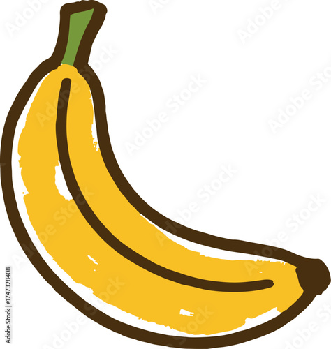 Banana illustration in cheerful childlike doodle style with soft yellow pastel color and bold outline perfect for fruit packaging and juice design