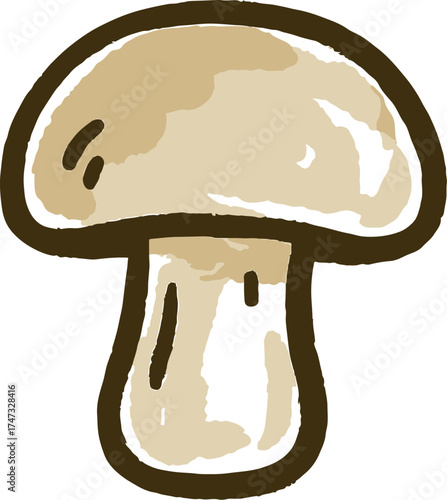Mushroom illustration in simple cute doodle style with thick bold outline and soft pastel beige color great for food packaging and recipe design