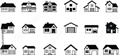 House icon collection, residential building vector set, modern home symbols, real estate illustration, architecture concept, minimalist housing design, black and white property icons