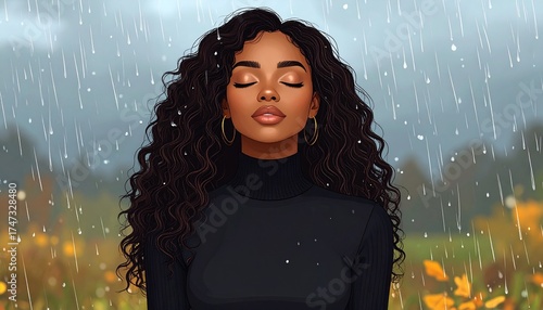 Illustration of a woman getting wet under the rain