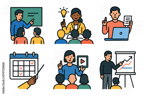 Education, training, and presentation icon set. Vector illustrations of teachers, students, and the learning process.
