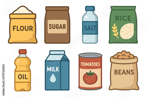 Pantry staples and basic food ingredients icon set. Vector illustrations of flour, sugar, rice, and other essential groceries.