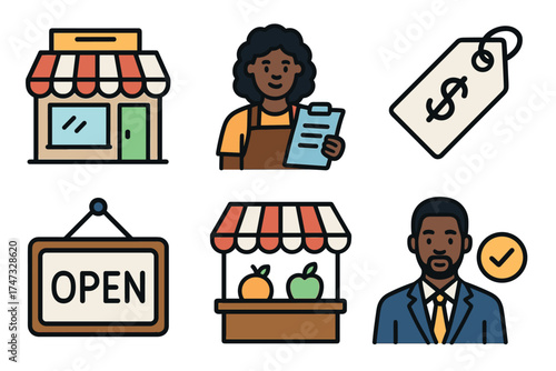 Small business and local retail shop icon set. Vector symbols of a storefront, owner, and commerce.