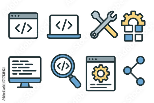 Web development and programming icon set. Vector symbols for coding, software engineering, and website creation.