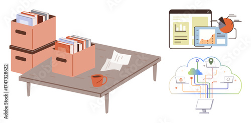 Stacked document boxes on a desk, digital analytics on screens, and interconnected cloud icons. Ideal for digitization, data management, cloud computing, record organization, office workflow