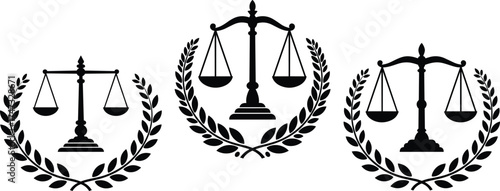  Law balance scale symbol, justice court emblem, legal equality sign, attorney logo vector, laurel wreath illustration, fairness concept, judicial design