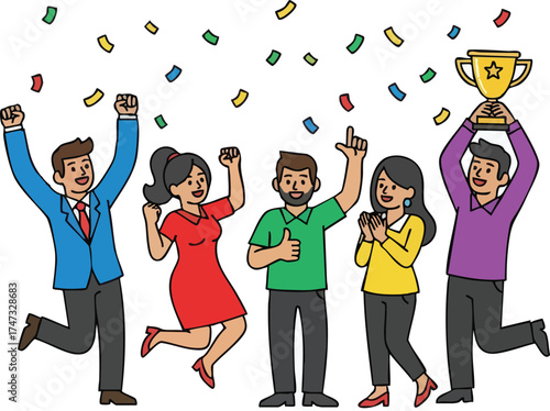 Excited team of diverse colleagues celebrating a major victory.