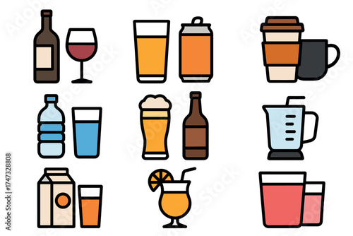 Beverages and drinks icon collection. Vector set of alcoholic and non-alcoholic drinks for menus.