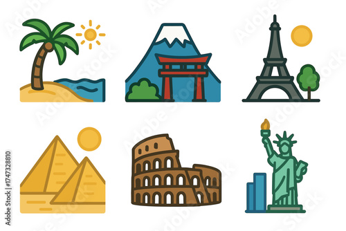 World travel and vacation destinations icon set. Vector symbols of famous global landmarks and holiday spots.