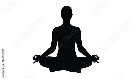  Meditating person silhouette in lotus position, yoga pose illustration, mindfulness and relaxation concept, black figure on white background, vector art design
