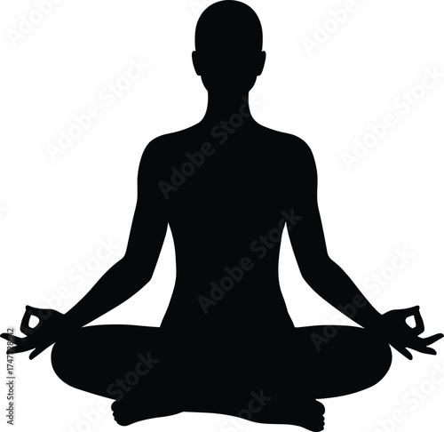 Meditation yoga silhouette vector illustration of person sitting in lotus pose, mindfulness, relaxation, peace, balance, harmony and spiritual wellness concept