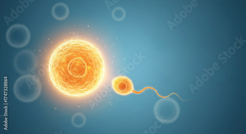 Close up view of human egg cell and sperm cell. Fertilization, conception, or in vitro fertilization for a medical background.
