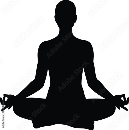  Meditating person silhouette in lotus position, yoga pose illustration, mindfulness and relaxation concept, black figure on white background, vector art design