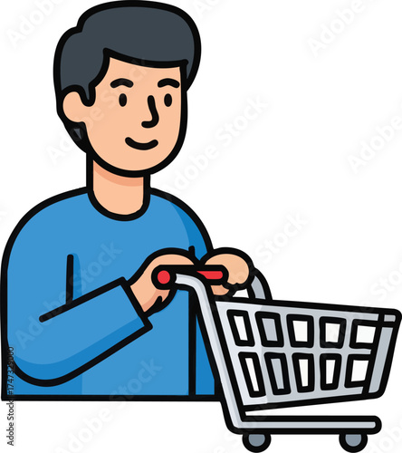 Man shopping with a cart in a grocery store looking happy and content.