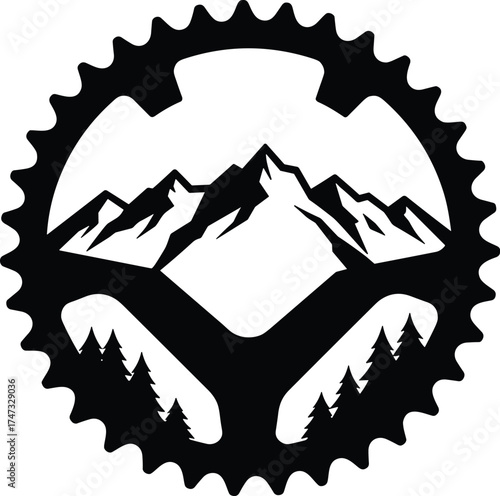 Mountain bike gear logo vector illustration, bicycle chainring with mountain and forest landscape, adventure cycling design, outdoor exploration, travel, and nature sports emblem artwork