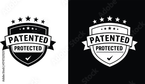  Patented protected badge vector, premium certified label, intellectual property logo, patent