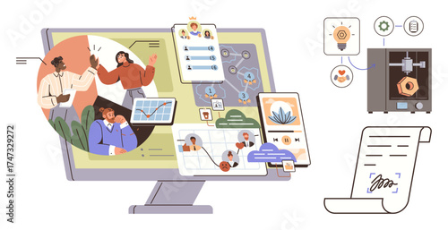 Computer monitor with digital tools, 3D printer, mobile screens, signed document, and team interactions. Ideal for remote work, innovation, productivity, communication project planning technology